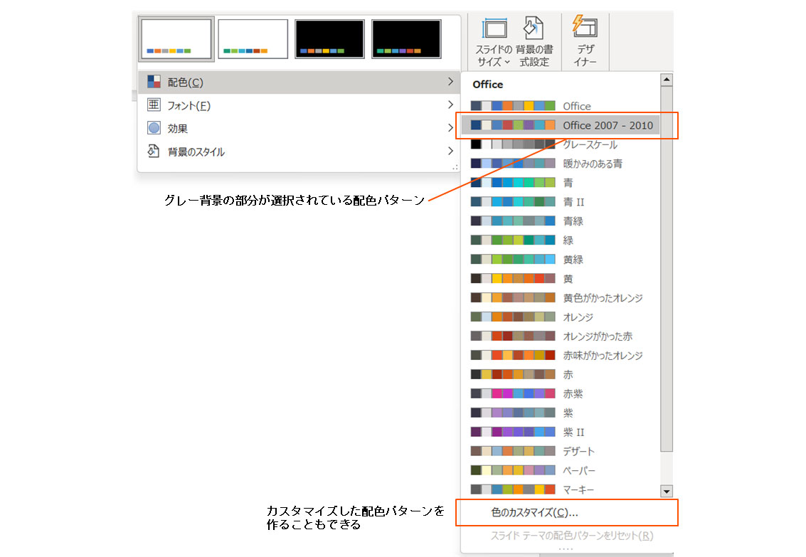 「デザイン」タブにあるテーマの色の「配色」一覧